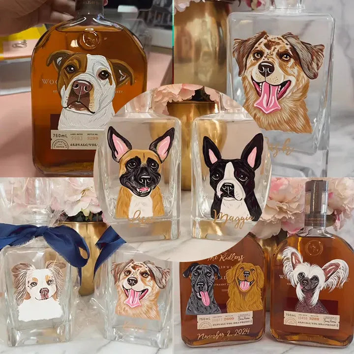 Personalisierte Whiskeyflaschen mit Haustierporträts