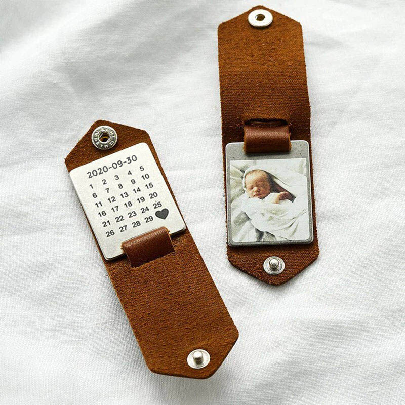 Personalisierter Schlüsselanhänger aus Leder mit Foto und Kalender für Papa