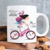 Personalisierte Tasse zum Schulanfang: Mädchen auf dem Fahrrad + Gravur „Ab heute bin ich ein Schulkind“