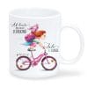 Personalisierte Tasse zum Schulanfang: Mädchen auf dem Fahrrad + Gravur „Ab heute bin ich ein Schulkind“