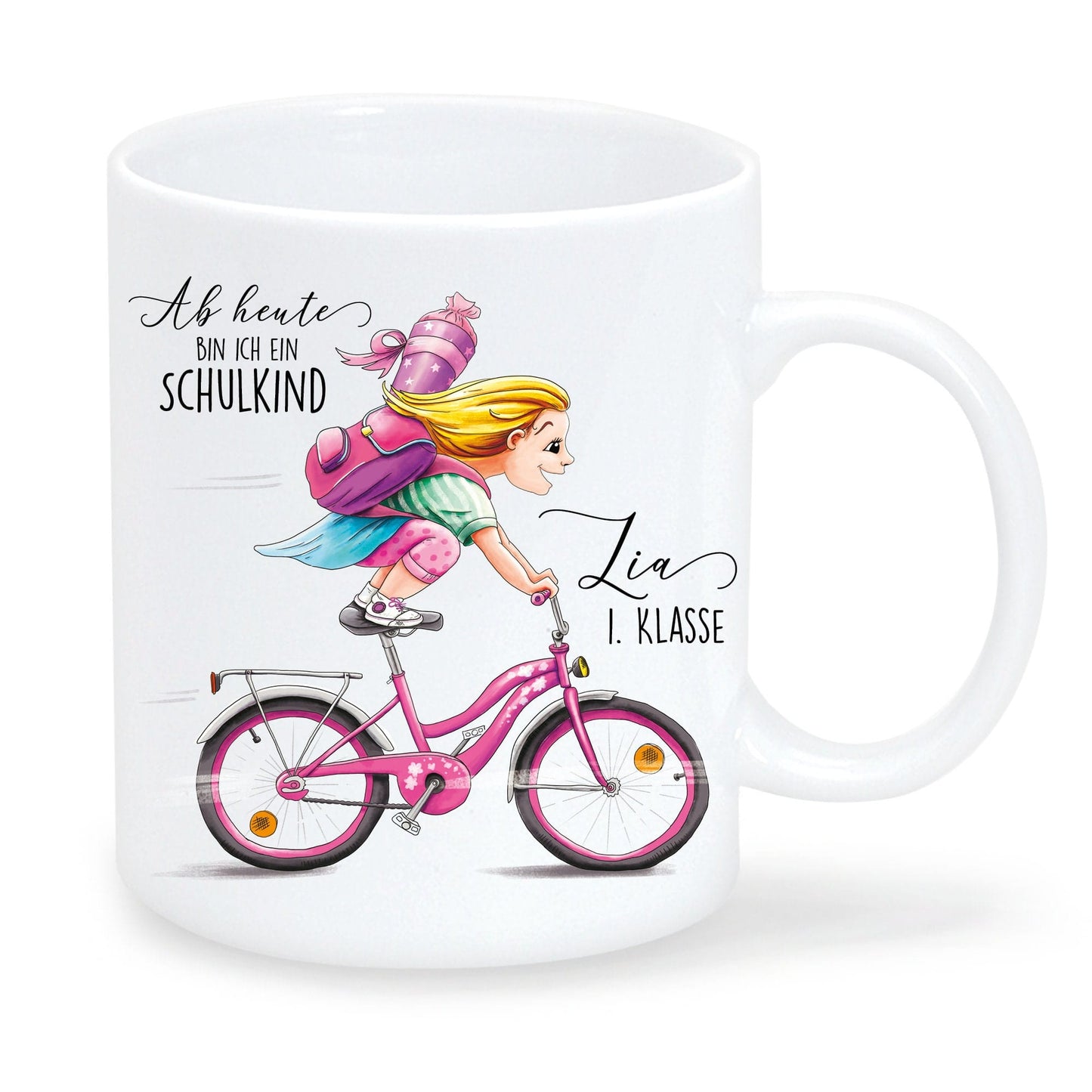 Personalisierte Tasse zum Schulanfang: Mädchen auf dem Fahrrad + Gravur „Ab heute bin ich ein Schulkind“