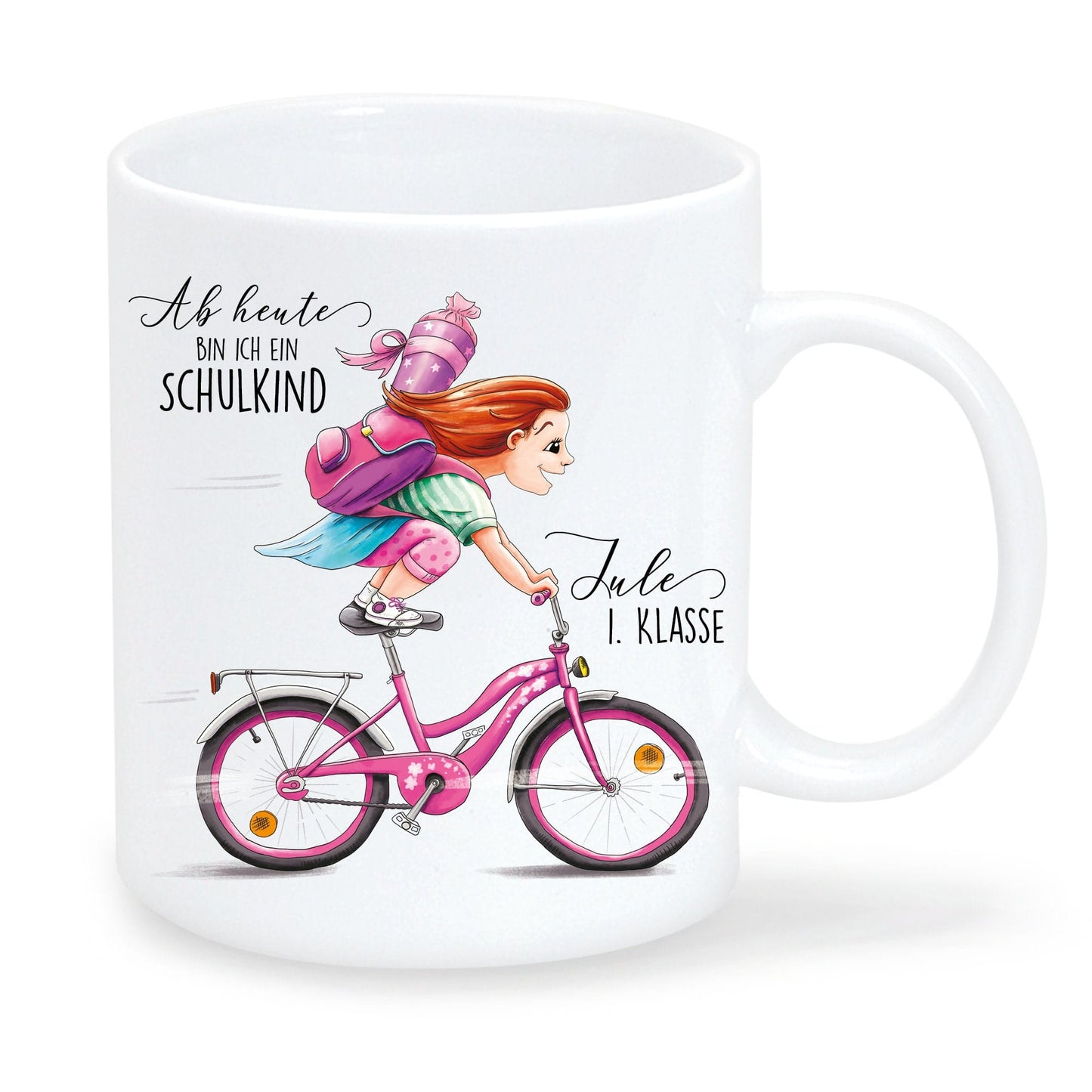 Personalisierte Tasse zum Schulanfang: Mädchen auf dem Fahrrad + Gravur „Ab heute bin ich ein Schulkind“