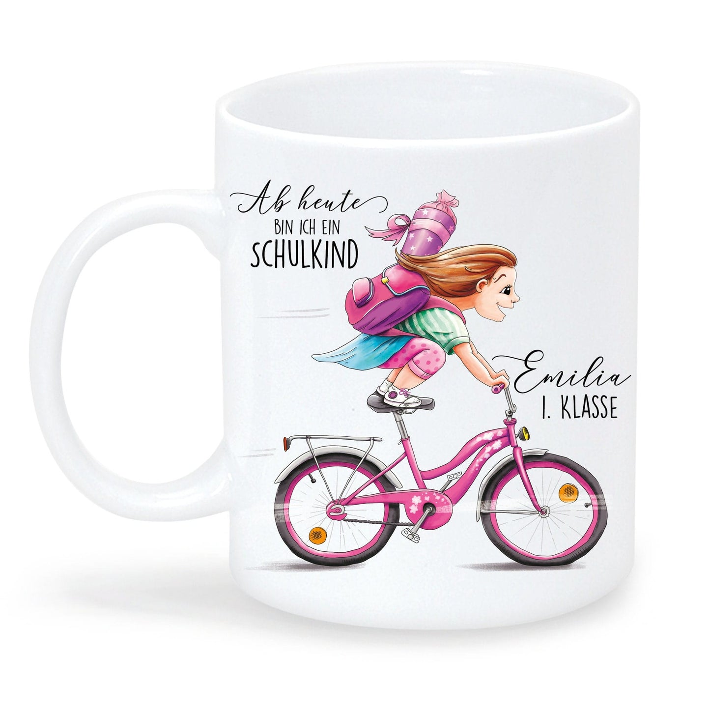 Personalisierte Tasse zum Schulanfang: Mädchen auf dem Fahrrad + Gravur „Ab heute bin ich ein Schulkind“