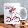 Personalisierte Tasse zum Schulanfang: Mädchen auf dem Fahrrad + Gravur „Ab heute bin ich ein Schulkind“