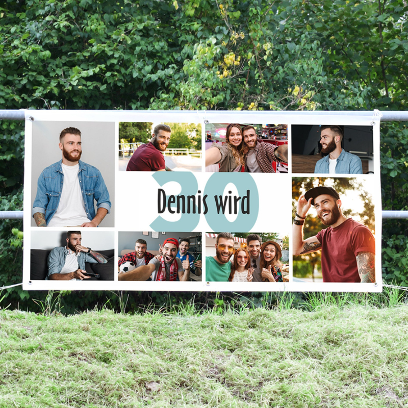 Geburtstagsbanner mit 8 Fotos, Alter und Wunschtext bedruckt