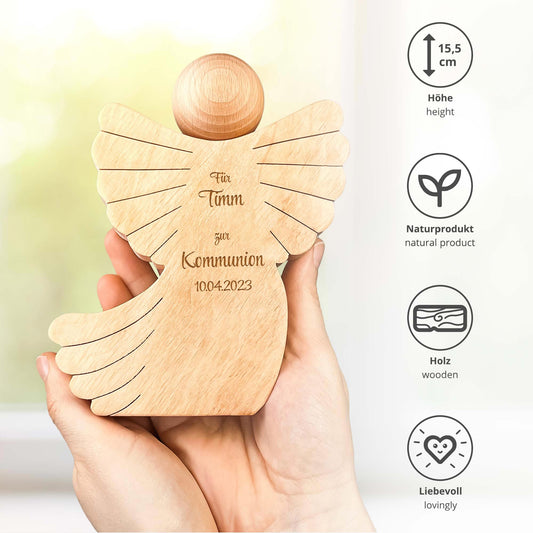 Engel mit Schweif aus Holz mit Gravur zur Kommunion - Personalisiert