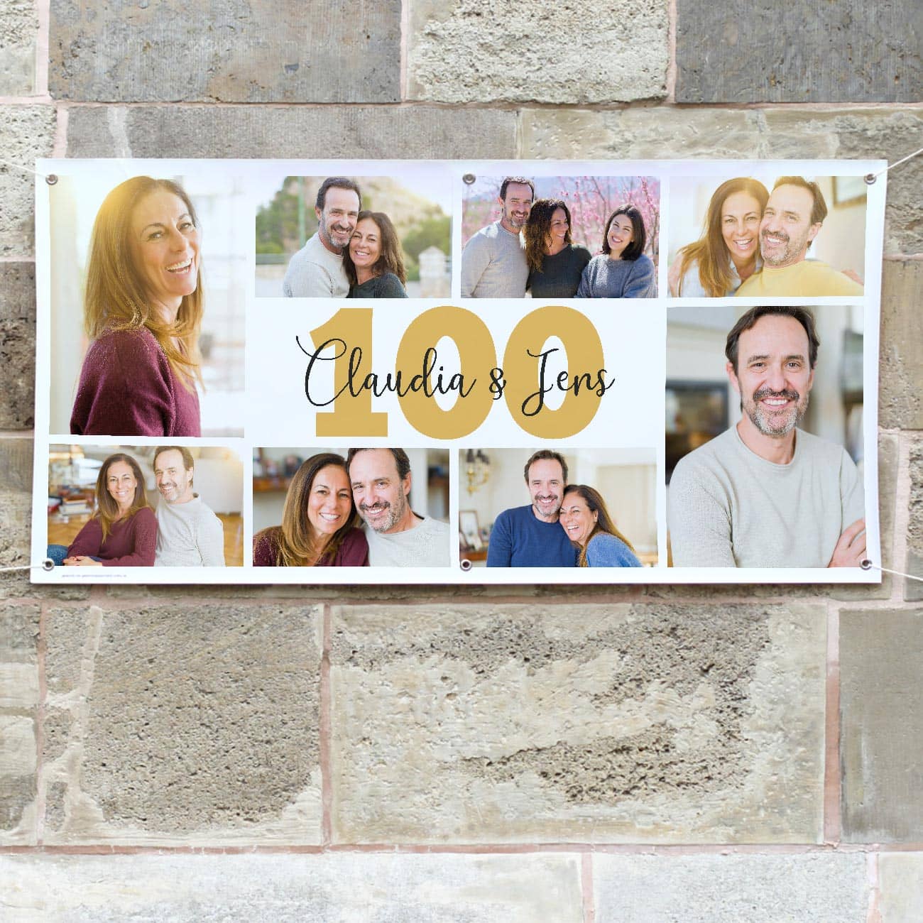 Geburtstagsbanner mit 8 Fotos, Alter und Wunschtext bedruckt