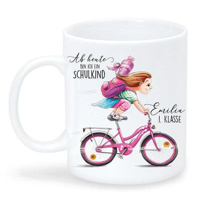 Personalisierte Tasse zum Schulanfang: Mädchen auf dem Fahrrad + Gravur „Ab heute bin ich ein Schulkind“