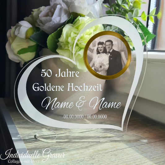 Geschenk Goldene Hochzeit 50 Jahre mit Wunschgravur Acryl Herz Fotodruck