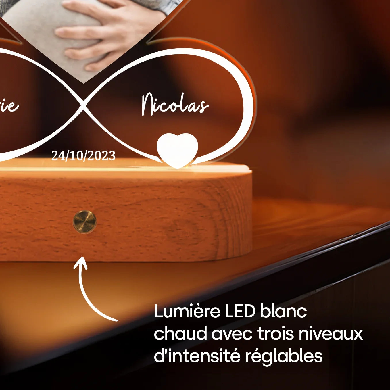 Personalisiertes Acryl-Licht "Für immer"wird mit Namen, Datum & Foto personalisiert