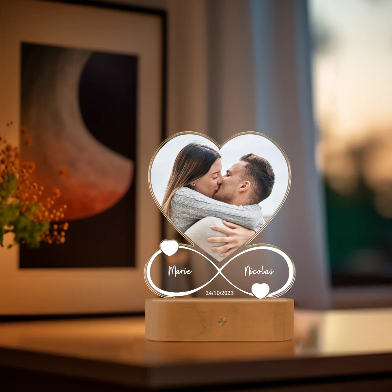 Personalisiertes Acryl-Licht "Für immer"wird mit Namen, Datum & Foto personalisiert