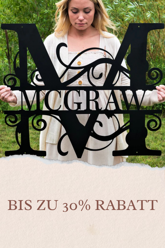 Schwarzes Metall-Monogramm mit dem geteilten Buchstaben ‚M‘ und dem gravierten Familiennamen ‚Schneider‘, montiert an einer rustikalen Holzverkleidung. Umgeben von Topfpflanzen und einer LED-Lichterkette, die abends warmes Licht auf das Design wirft