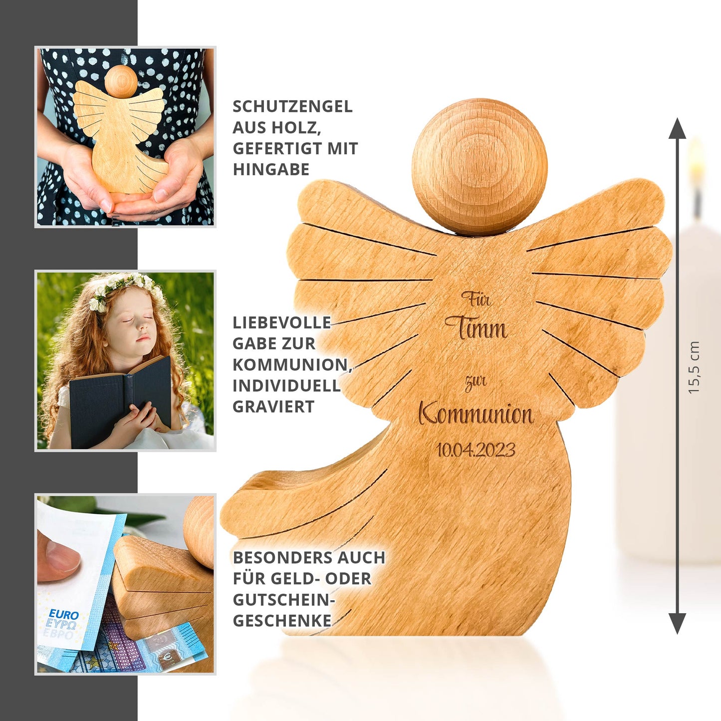 Engel mit Schweif aus Holz mit Gravur zur Kommunion - Personalisiert
