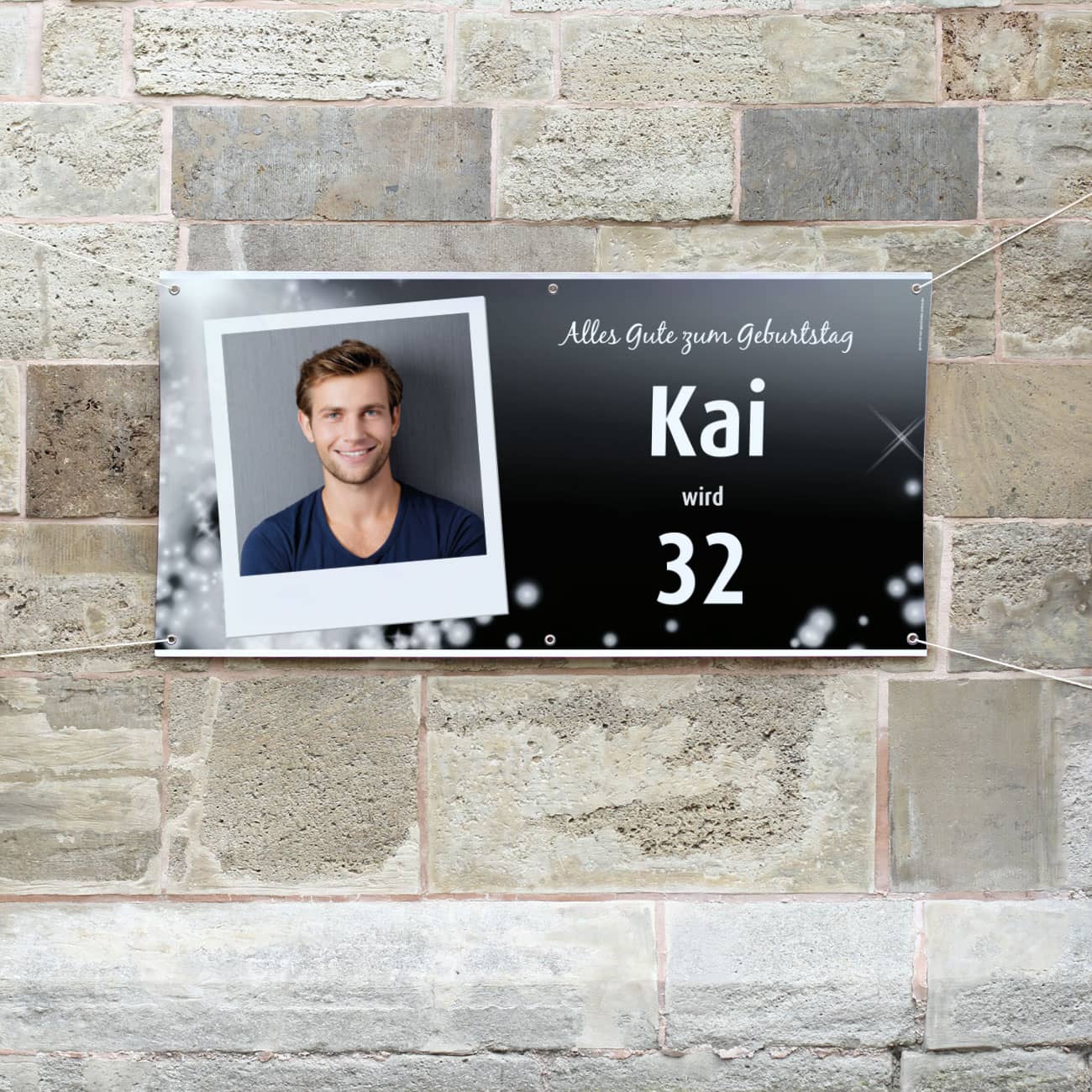 XXL-Geburtstagsbanner in blau mit Namen, Alter und Foto