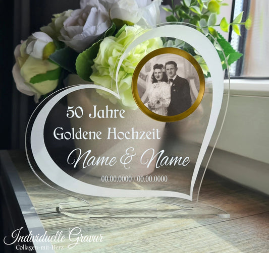 Geschenk Goldene Hochzeit 50 Jahre mit Wunschgravur Acryl Herz Fotodruck