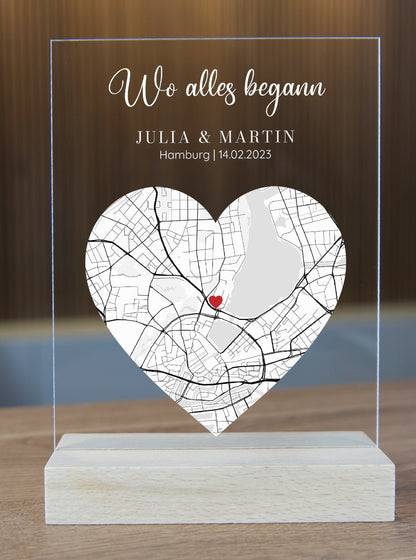 Wo alles Begann Karte - Personalisiertes Acrylglas als Partnergeschenk